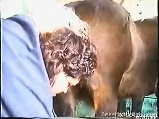 Fat older gal is going to worship a horse's huge cock